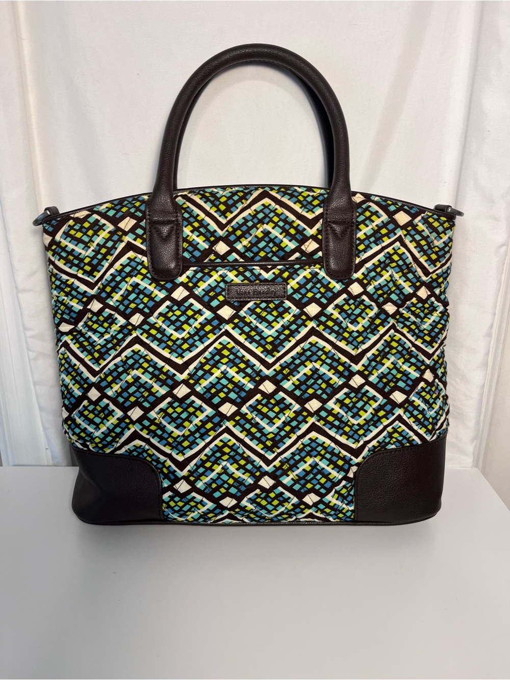 Vera Bradley Blue, Teal & Yellow Geometric Tote with Dark Brown Trim